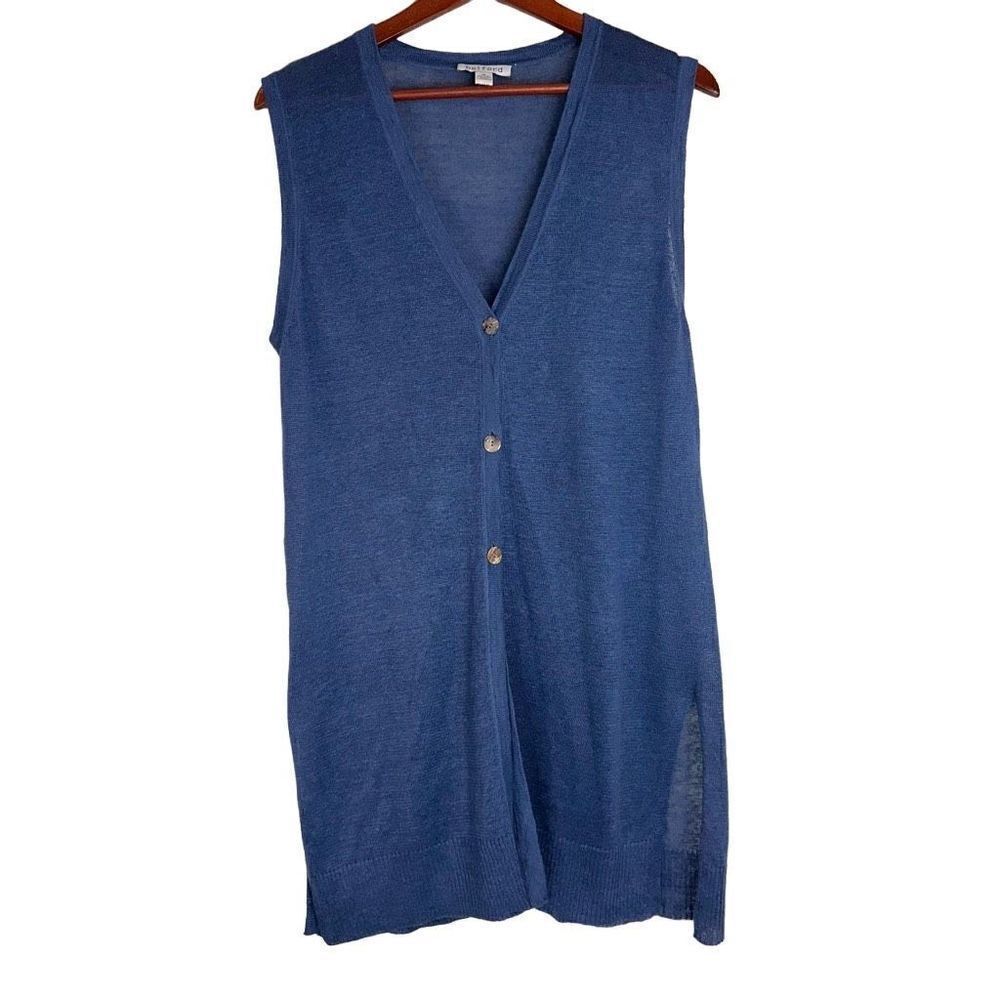 Belford Womens 100% Linen Blue Sleeveless Knit Cardigan Medium Beachy Minimalist